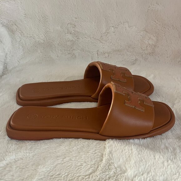 TORY BURCH Double T Logo Sport Leather Slide Sandal Aged Camello/Gold Size: 9 - Picture 6 of 16